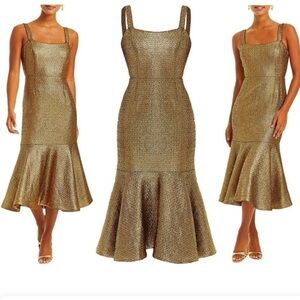 NWT Mestiza New York Gold‎ Metallic Tweed Jody Square Neck Flutter Hem Midi 10